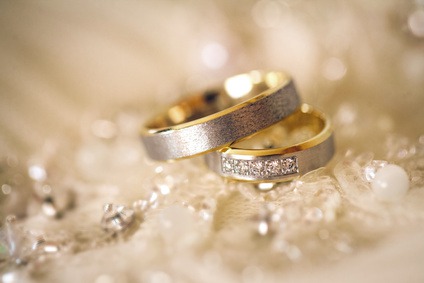 beautiful shiny wedding rings with diamonds close-up